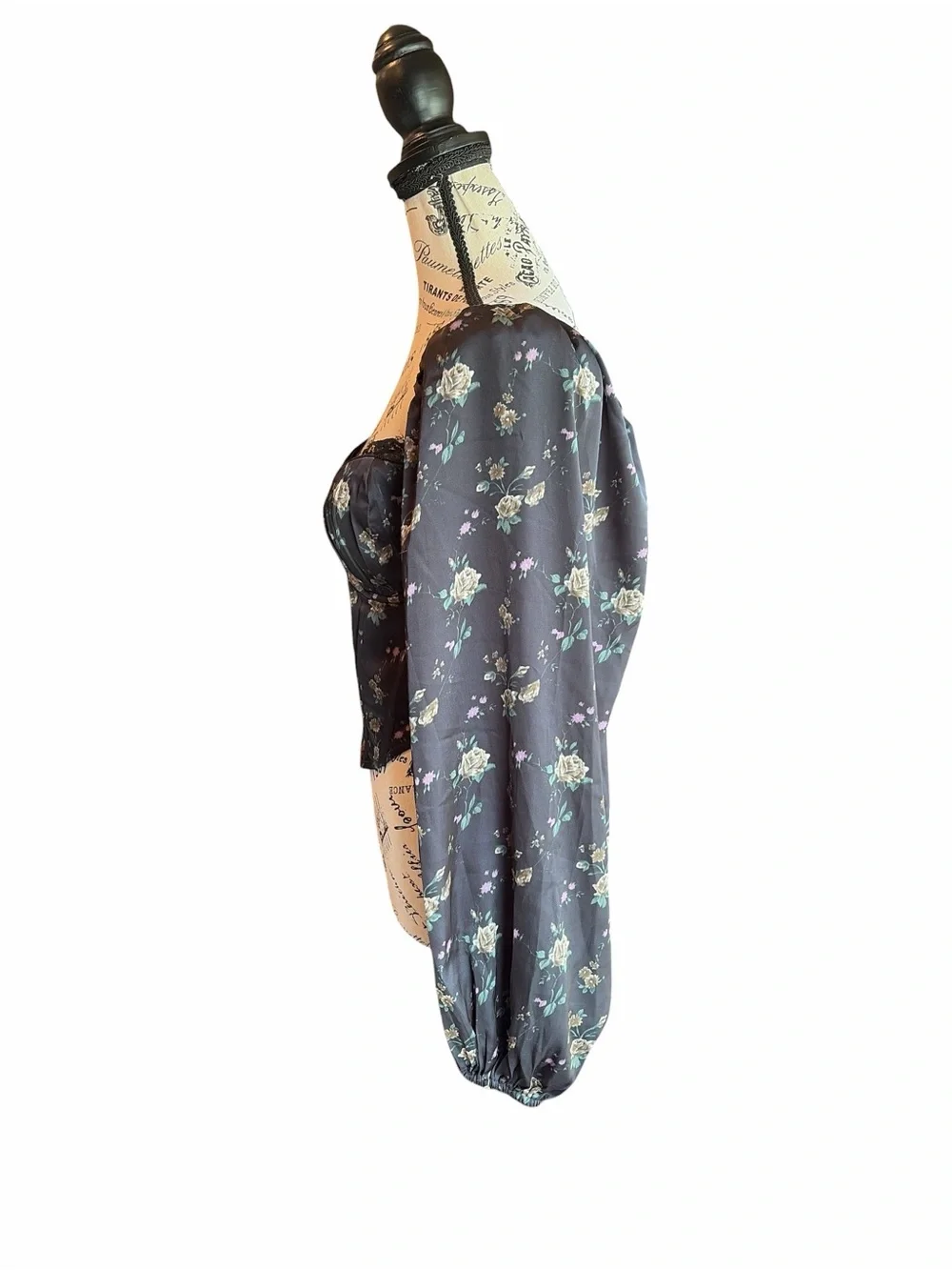 ASTR The Label Josephine Floral Corset Puff Sleeve Top Black Size Medium